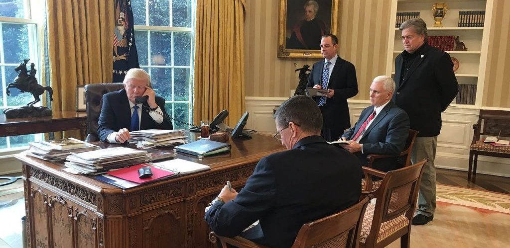 Trump speaking with Putin Oval Office photo Sean Spicer White House press secretary