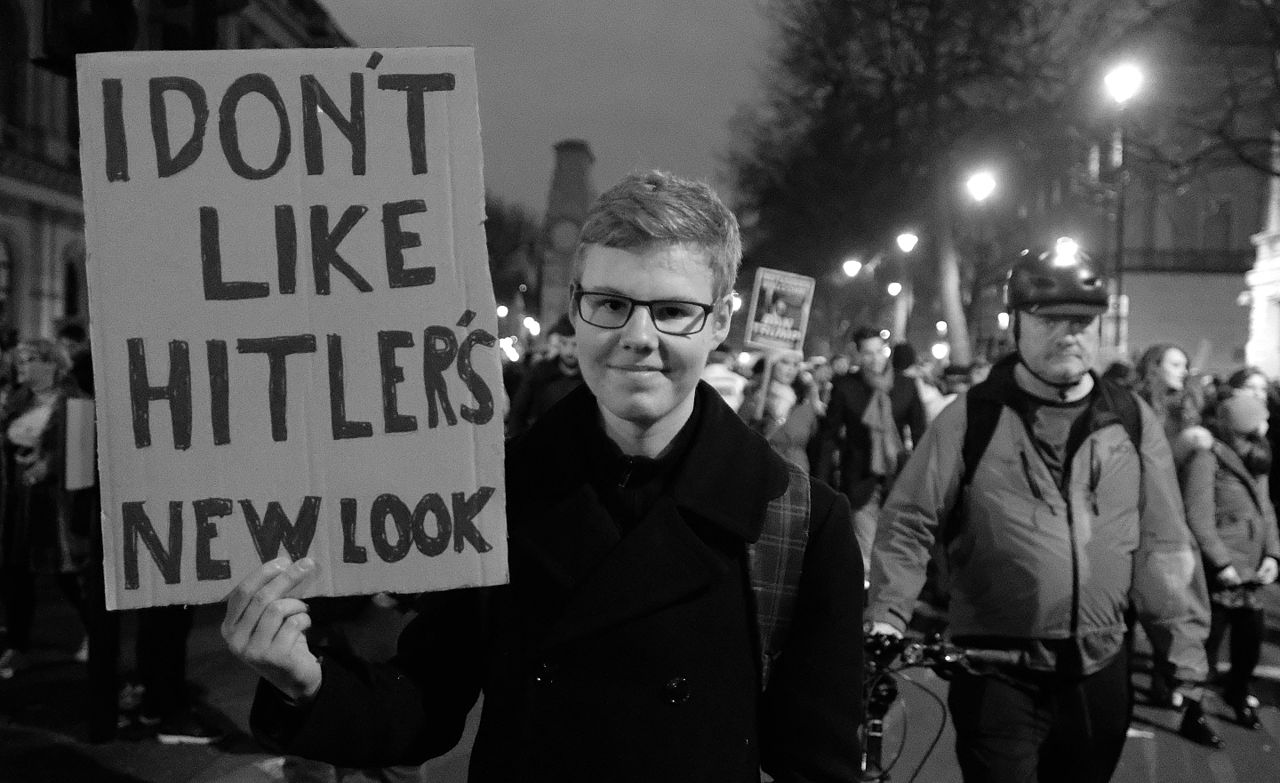 I dont like Hitlers new look. Anti Trump protester in London photo by Alisdare Hickson