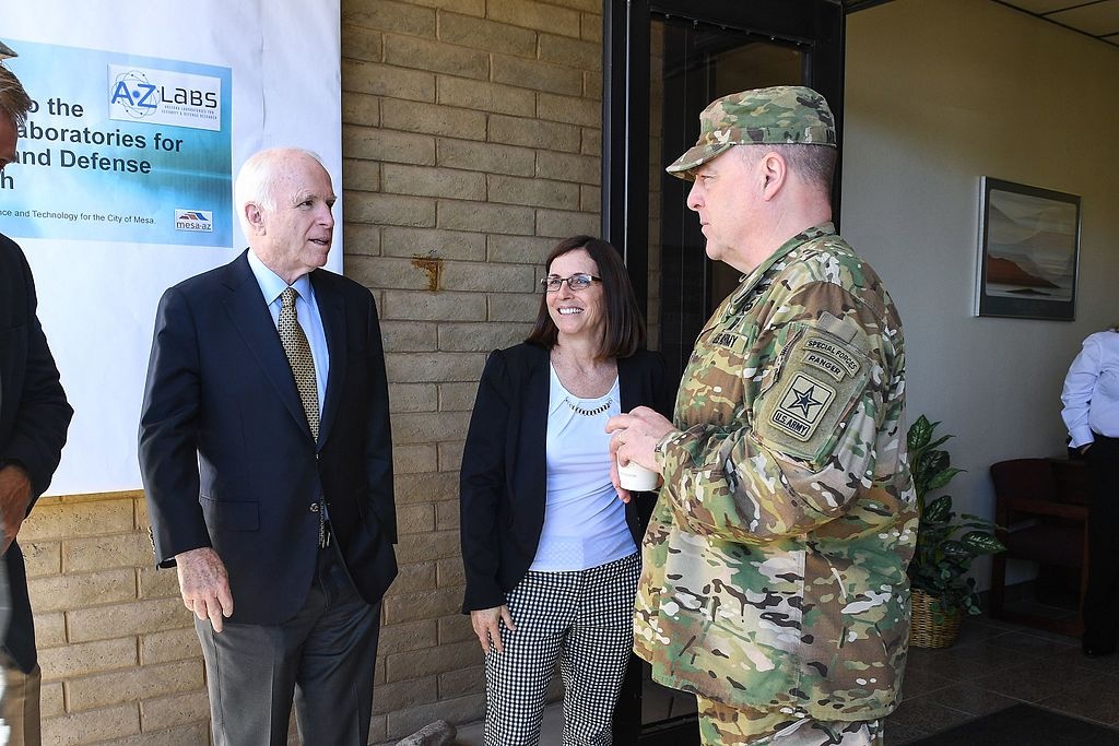 U.S. Army Chief of Staff Gen. Mark A. Milley meets with Senator John McCain during a visit to the Arizona Cyber Warfare Range, Mesa, Ariz., Sgt. Jamill Ford, U.S. Army