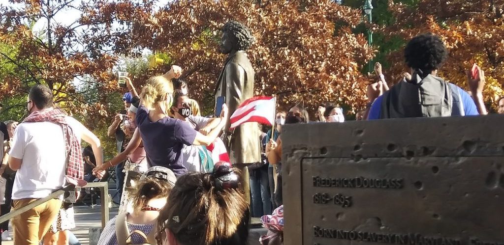 A spontaneous celebration on November 7 2020 at Frederick Douglass Circle in Manhattan when Donald Trump lost the US presidential election by Jay Dobkin