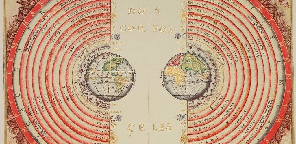 Figure of the heavenly bodies Illuminated illustration of the Ptolemaic geocentric conception of the Universe by Portuguese cosmographer and cartographer Bartolomeu Velho