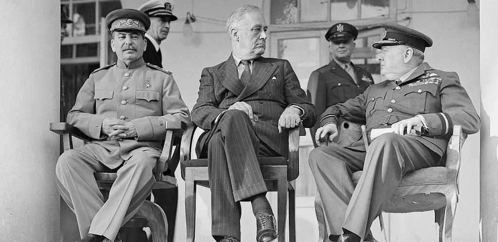 Joseph Stalin Franklin D. Roosevelt and Winston Churchill in Teheran by Oulds D C Lt Royal Navy official photographer