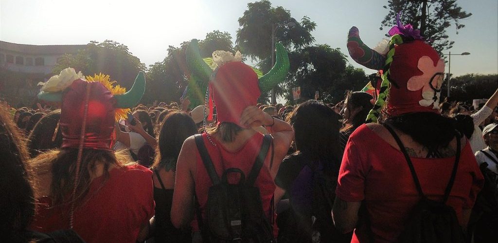 Capuchas rojas feministas en esta foto durante la marcha del 08 de marzo del 2020 en La Serena Valeria Rojas Bruna