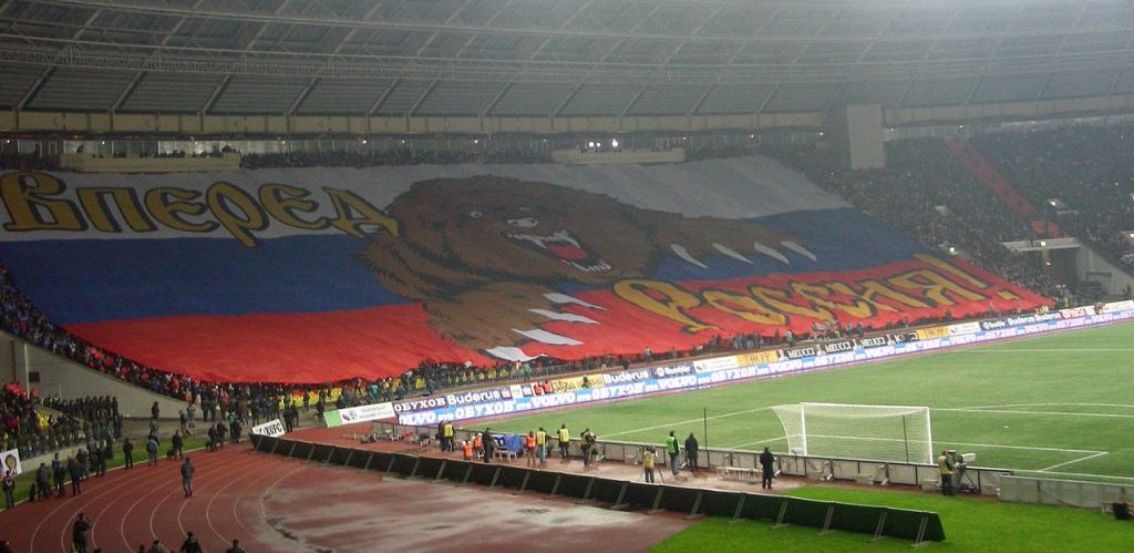 An enormous 130 by 80 m banner considered to be the largest in the world unveiled by Russian fans before the EURO 2008 qualifying game against England in Luzhniki Moscow by Roman Kovrigin
