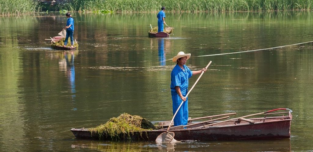Beijing China Woman cleaning the West Lake near Summer Palace by Uwe Aranas