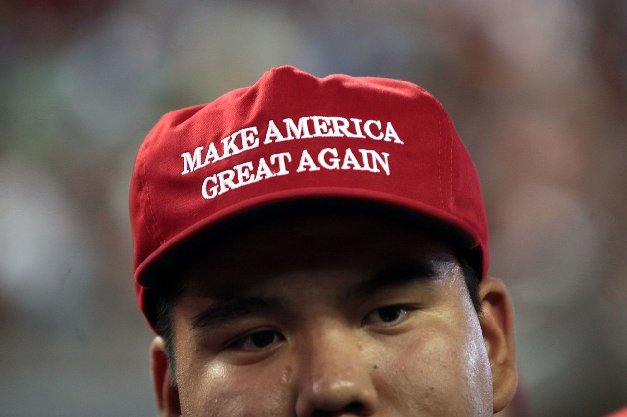 Make America Great Again hat in support of Donald Trump at a rally at Veterans Memorial Coliseum at the Arizona State Fairgrounds in Phoenix Arizona by Gage Skidmore