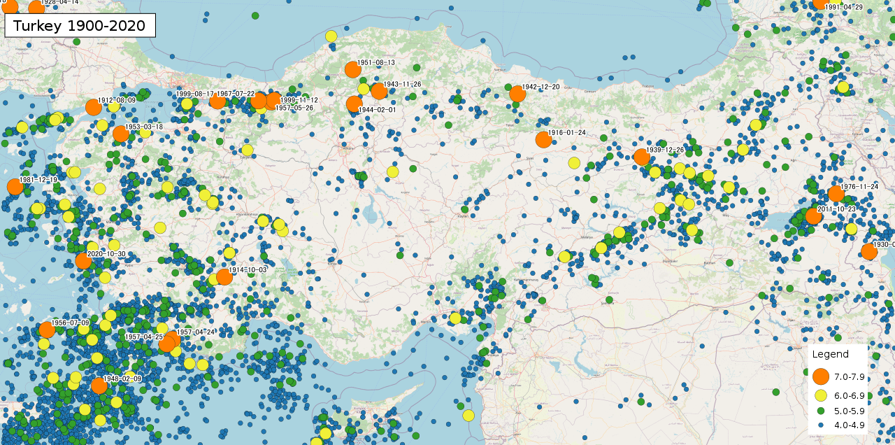 Map of earthquakes in Turkey 1900 2020 by Phoenix7777