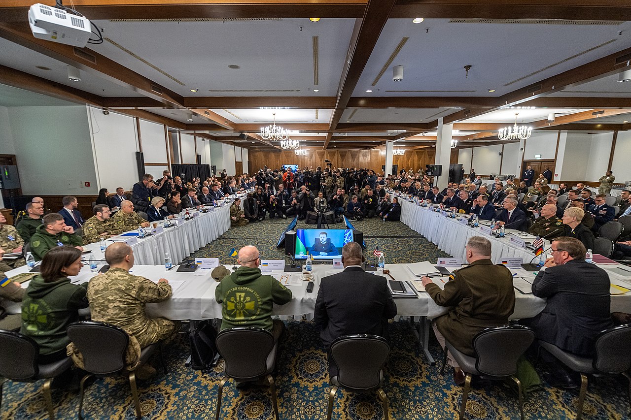 Ukraine President Volodymyr Zelenskyy speaks live via video at Ramstein Air Base Germany on January 20 2023 by U.S. Secretary of Defense