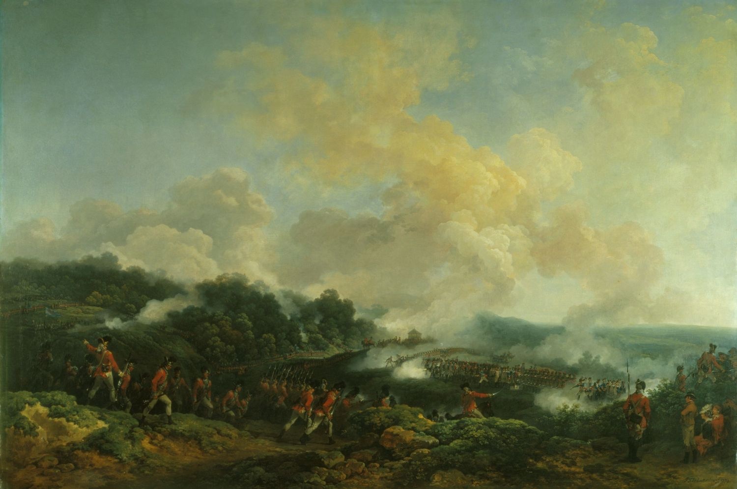 Depiction of a military exercise led by Lieutenant General Pierson and witnessed by George III, 1779, Philip James de Loutherbourg