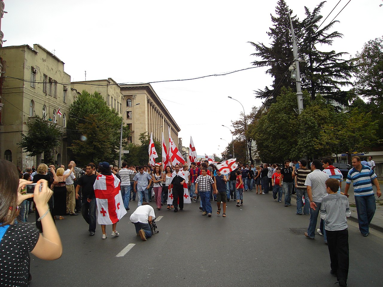 Protesters with Georgian flags in downtown Tbilisi during the mass demonstrations against Russia's intervention in Georgia by Kober