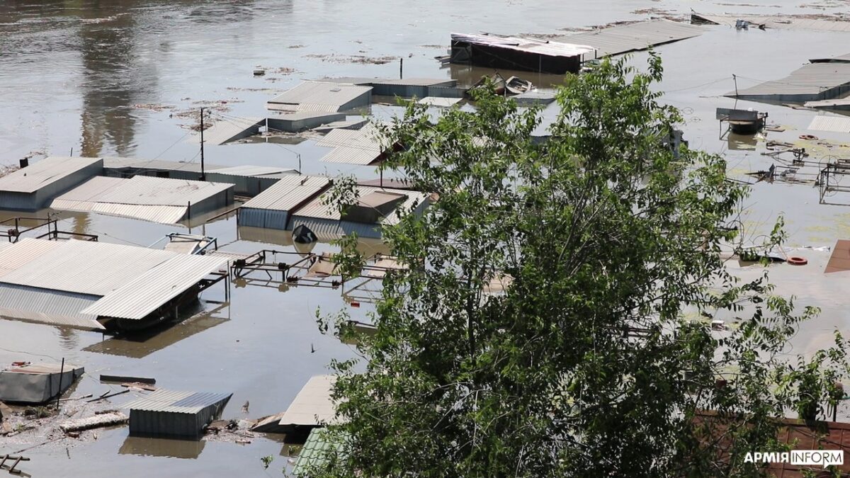Settlements on the left bank of Dnieper River are underwater after the Kakhovka Dam was breached on 6th June, 2023, by Armyinform