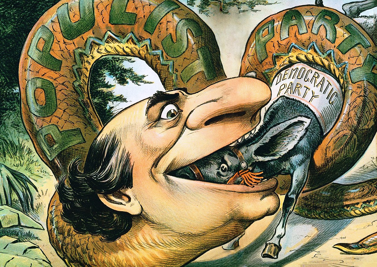 Karikatura z roku 1896 zobrazuje populismus jako hada, který pohlcuje mezka představujícího Demokratickou stranu, (c) Vikimedia Commons