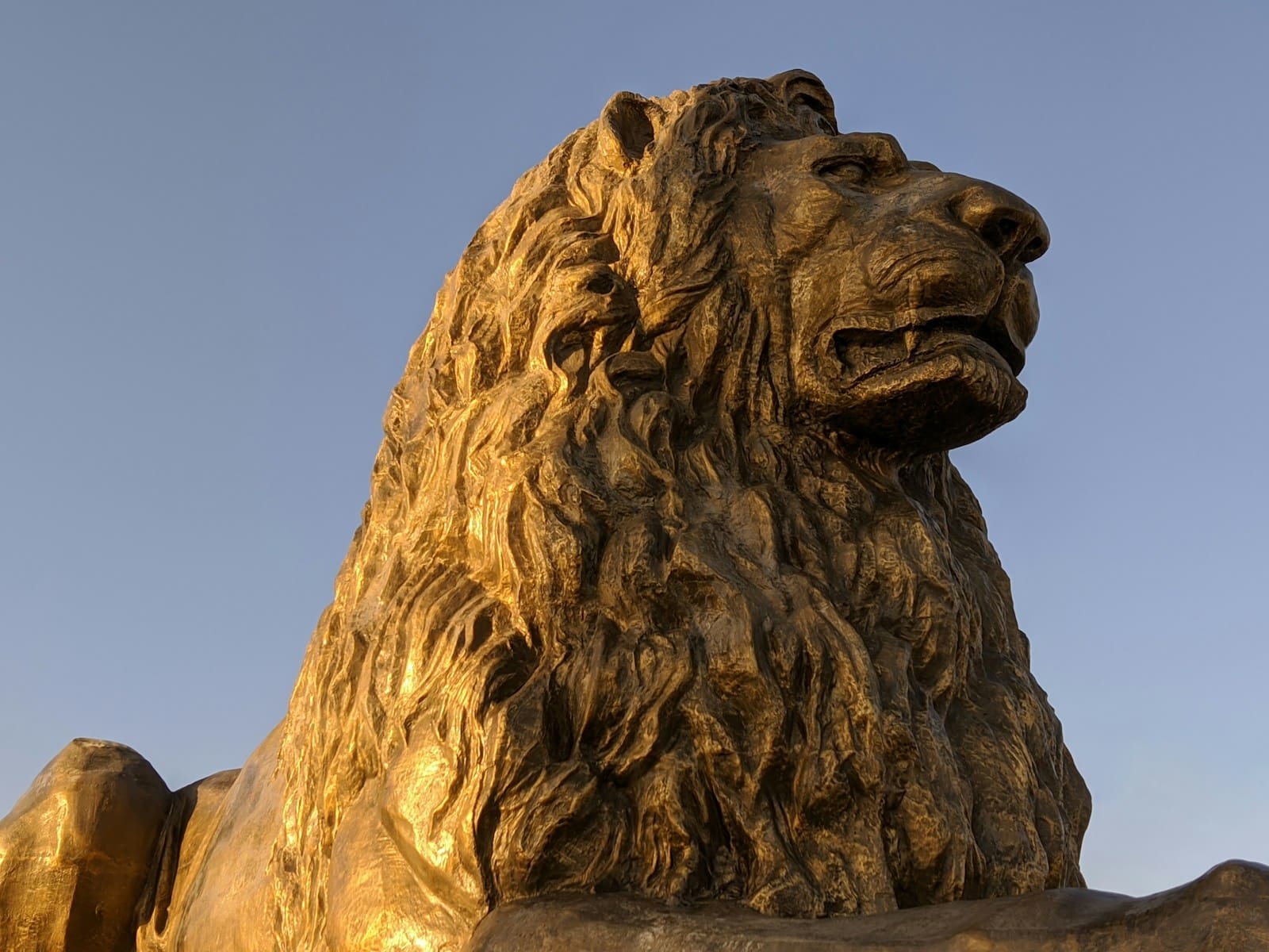 a statue of a lion is shown against a blue sky