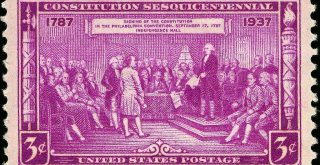 US Postage Stamp depicting delegates at the signing of the US Constitution photo Bureau of Engraving and Printing