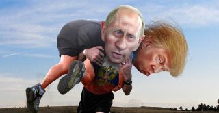 Vladimir Putin carrying his buddy Donald Trump by DonkeyHotey