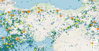 Map of earthquakes in Turkey 1900 2020 by Phoenix7777